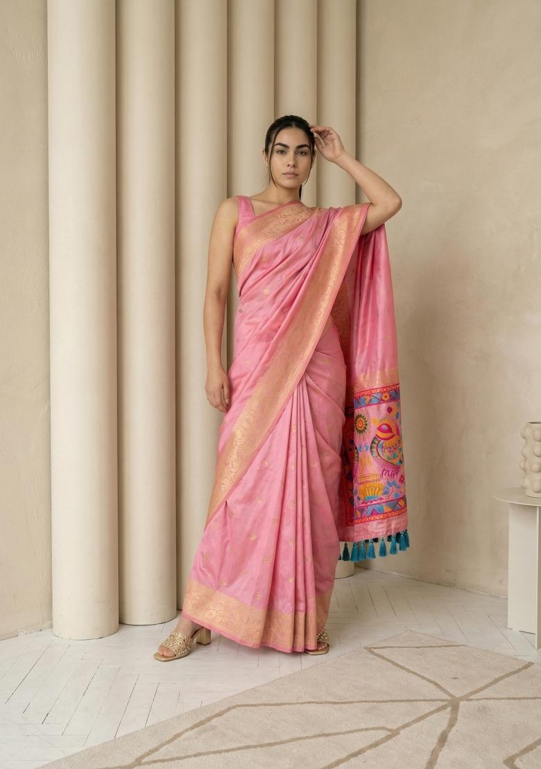 Baby Pink Zari Work Silk Blend Saree Set - Indya
