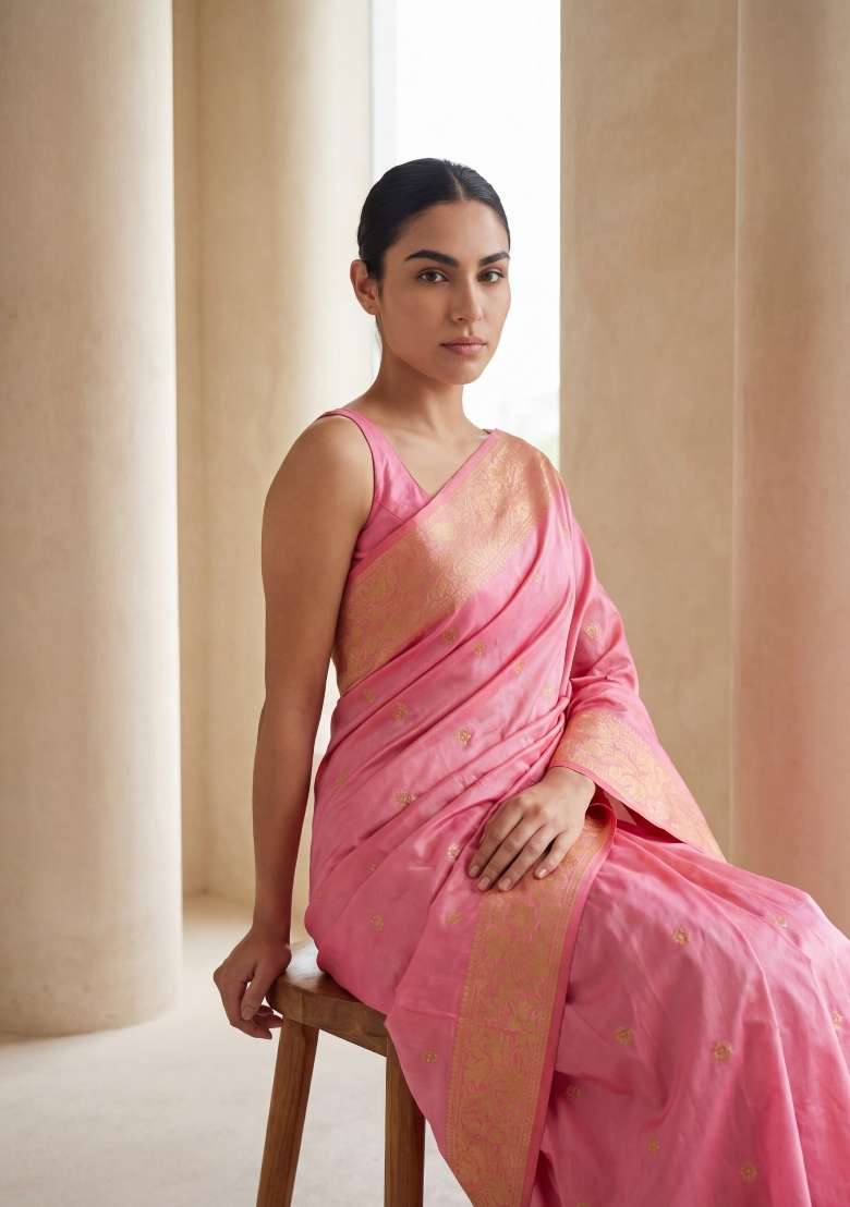 Baby Pink Zari Work Silk Blend Saree Set - Indya