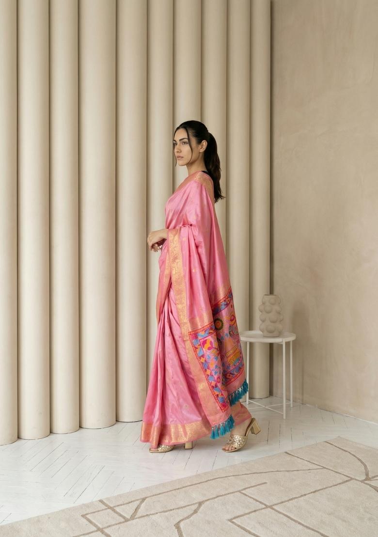 Baby Pink Zari Work Silk Blend Saree Set - Indya