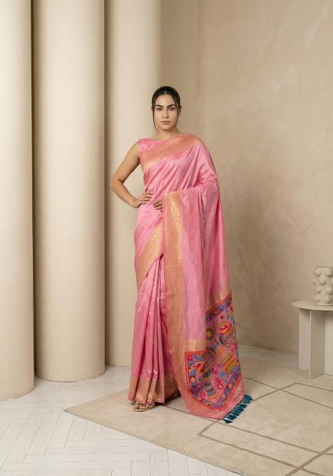 Baby Pink Zari Work Silk Blend Saree Set