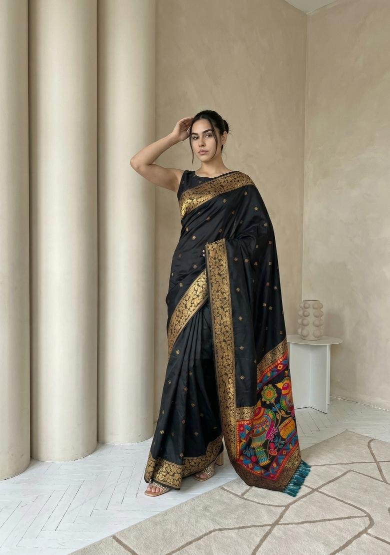 Black Zari Work Silk Blend Saree Set - Indya