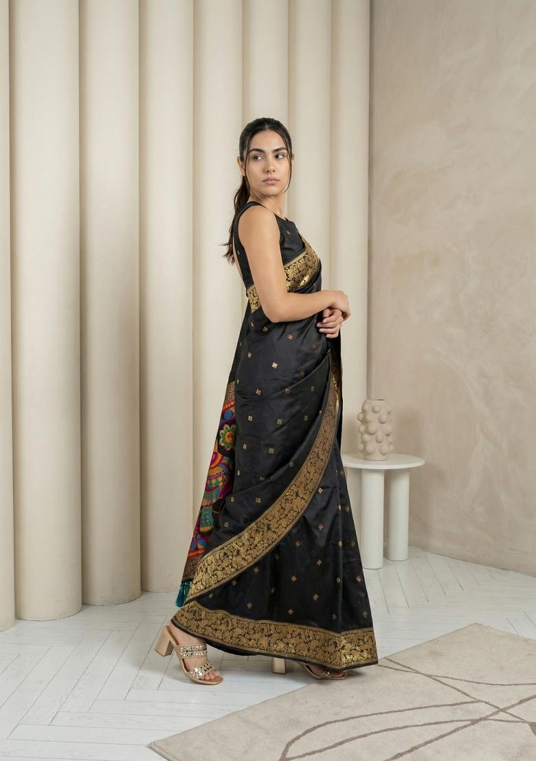 Black Zari Work Silk Blend Saree Set - Indya
