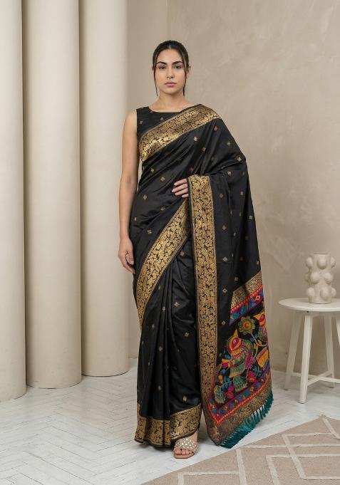 Black Zari Work Silk Blend Saree Set