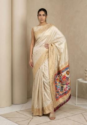 Cream Zari Work Silk Blend Saree Set