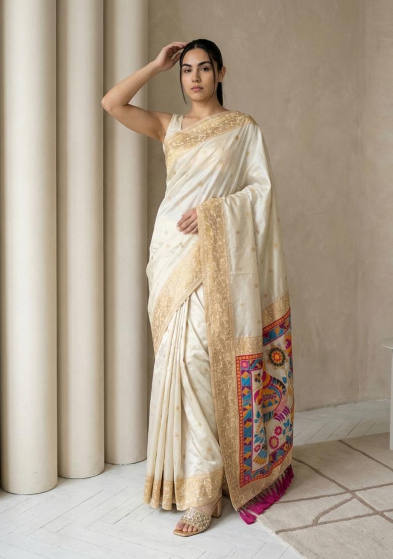 Cream Zari Work Silk Blend Saree Set - Indya
