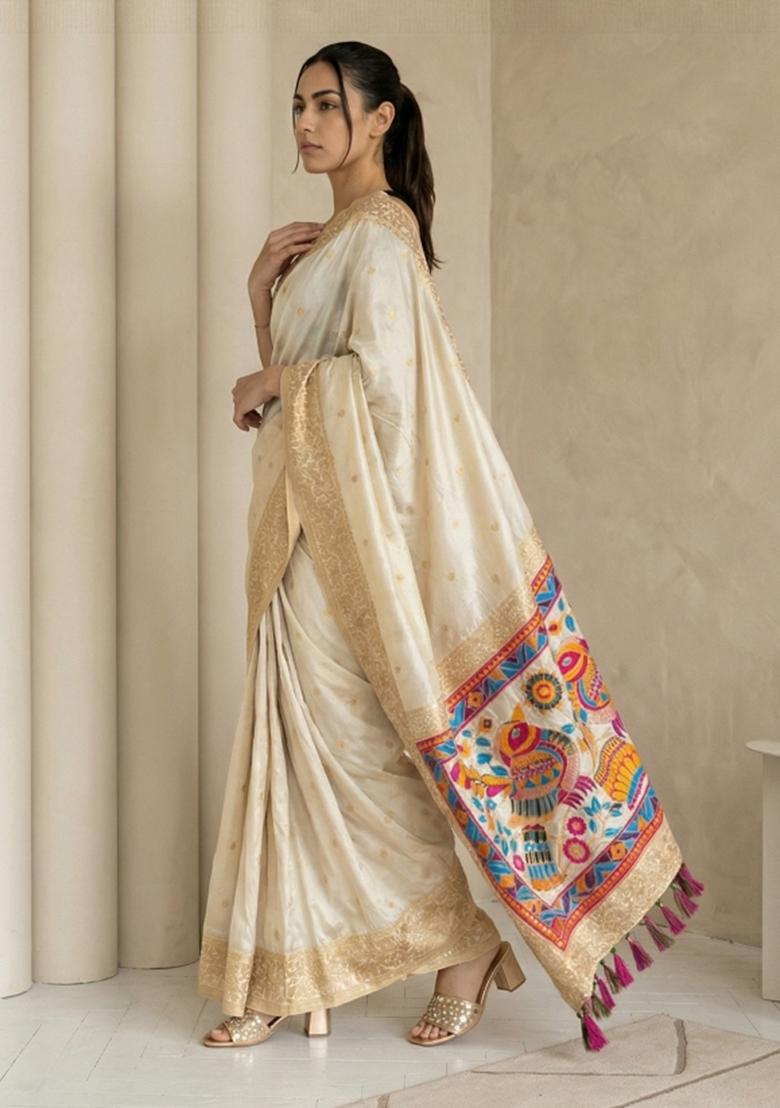 Cream Zari Work Silk Blend Saree Set - Indya