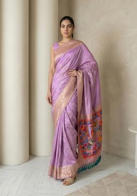 Light Purple Zari Work Silk Blend Saree Set