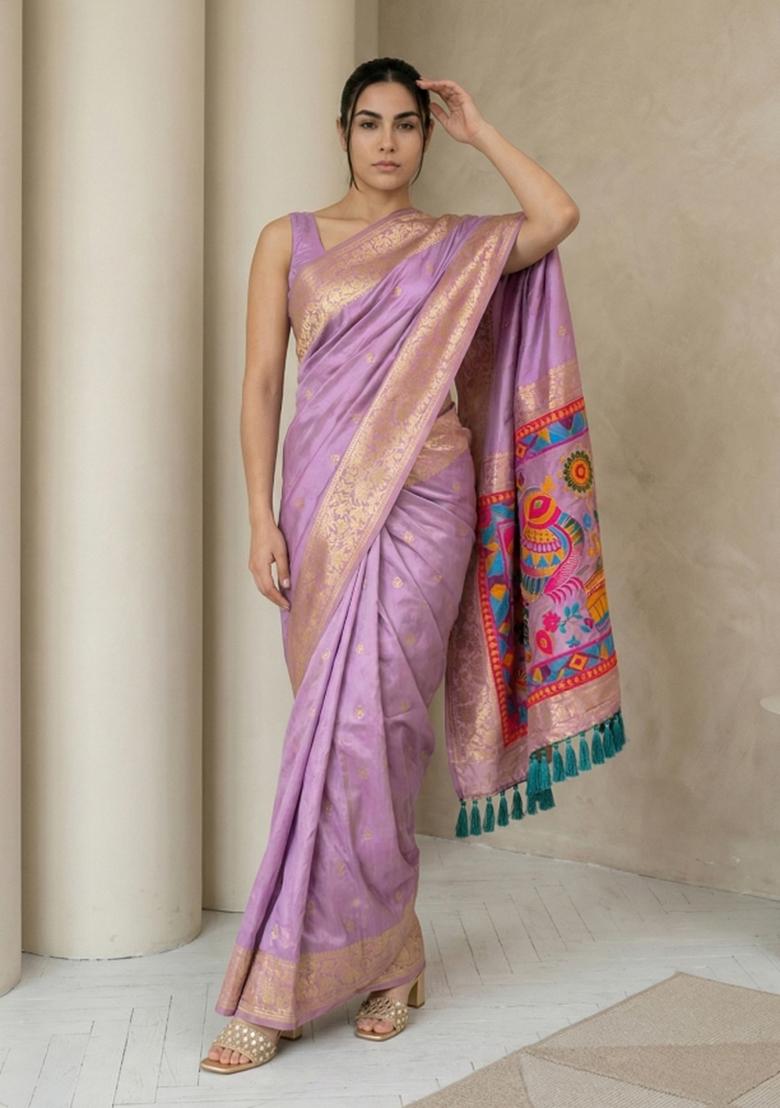 Light Purple Zari Work Silk Blend Saree Set - Indya