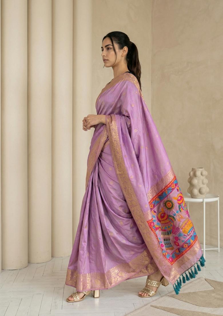 Light Purple Zari Work Silk Blend Saree Set - Indya