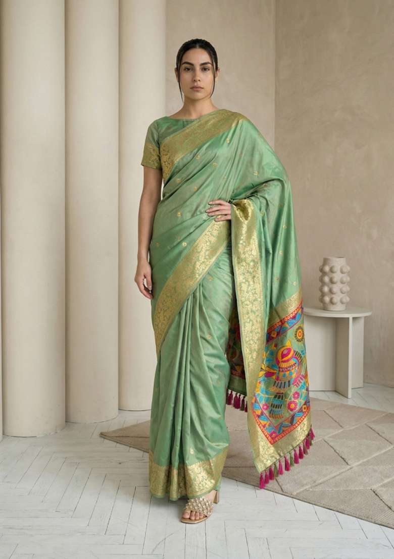 Green Zari Work Silk Blend Saree Set - Indya