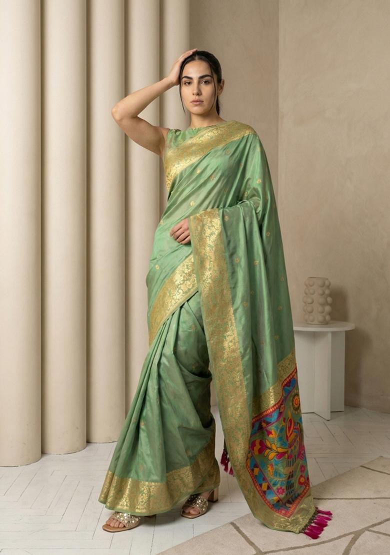 Green Zari Work Silk Blend Saree Set - Indya