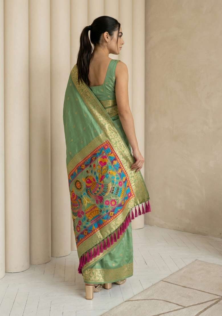 Green Zari Work Silk Blend Saree Set - Indya
