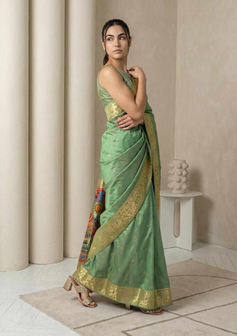 Green Zari Work Silk Blend Saree Set - Indya