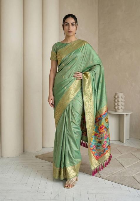 Green Zari Work Silk Blend Saree Set