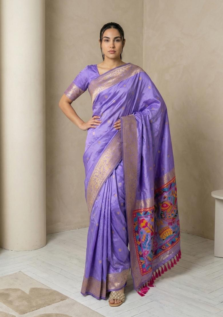 Lavender Zari Work Silk Blend Saree Set - Indya