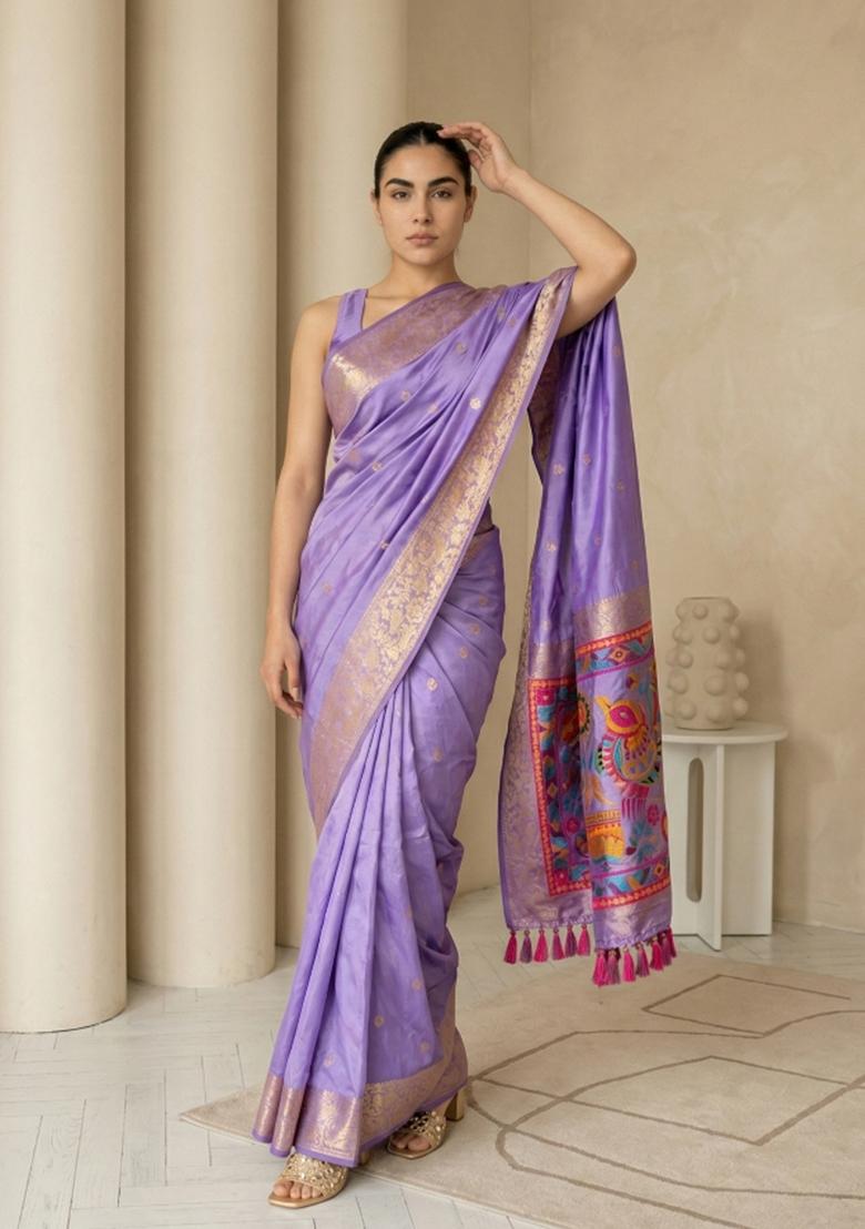 Lavender Zari Work Silk Blend Saree Set - Indya
