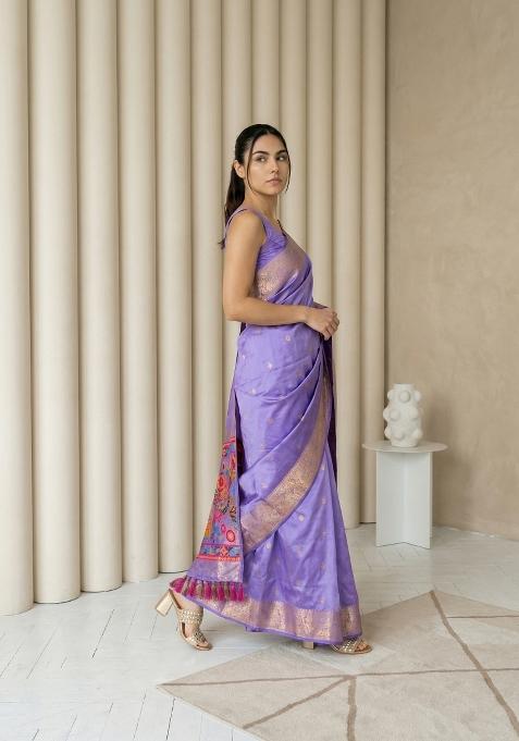 Lavender Zari Work Silk Blend Saree Set