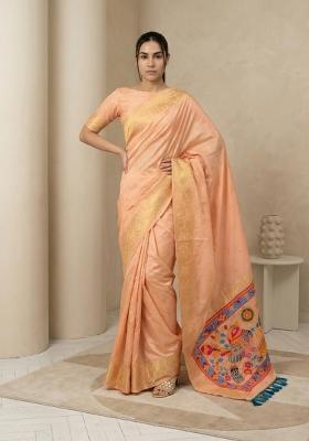 Peach Zari Work Silk Blend Saree Set