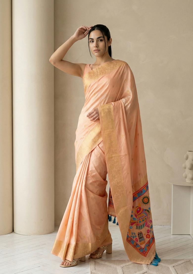 Peach Zari Work Silk Blend Saree Set - Indya