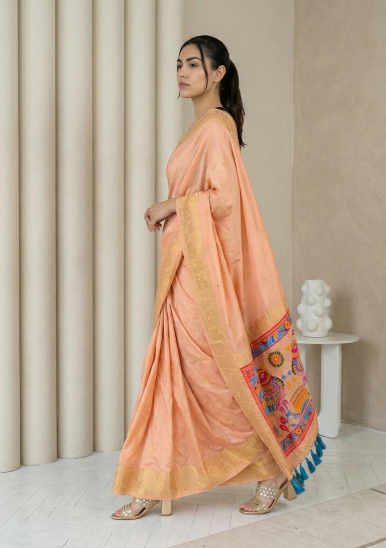 Peach Zari Work Silk Blend Saree Set - Indya