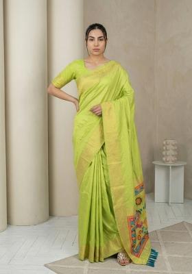 Pista Green Zari Work Silk Blend Saree Set
