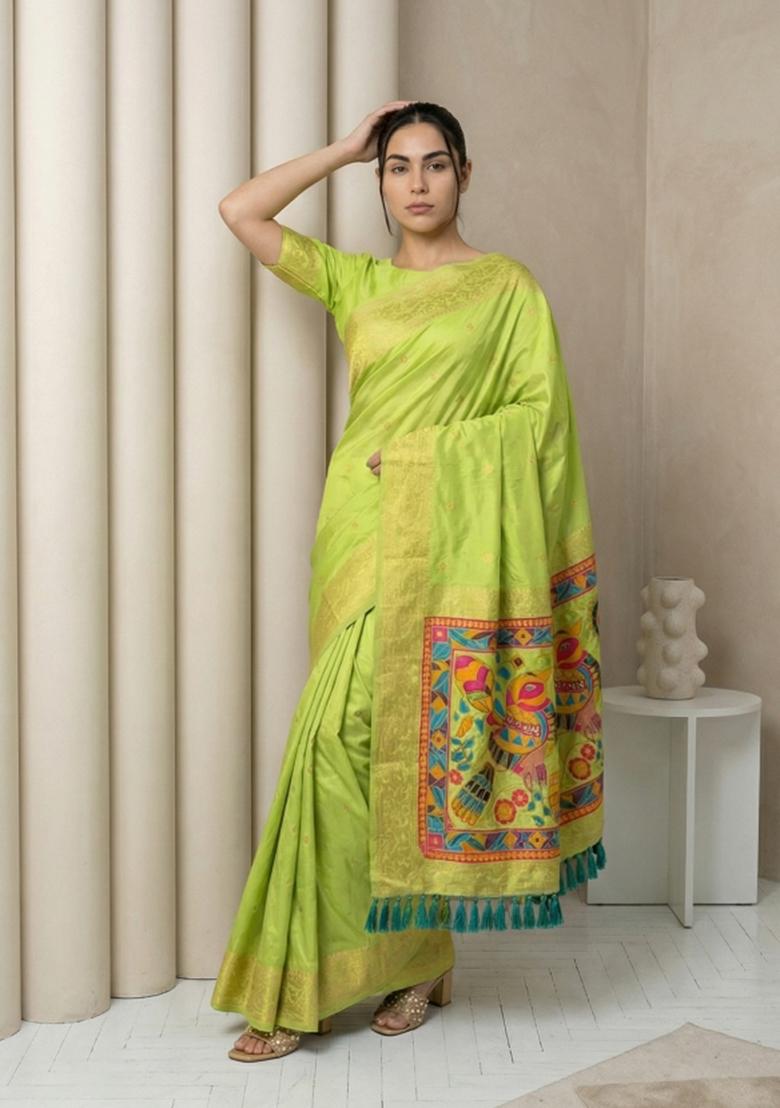 Pista Green Zari Work Silk Blend Saree Set - Indya