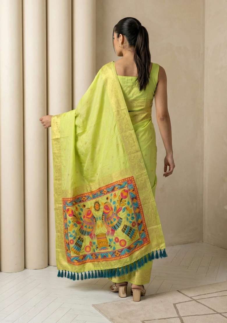 Pista Green Zari Work Silk Blend Saree Set - Indya
