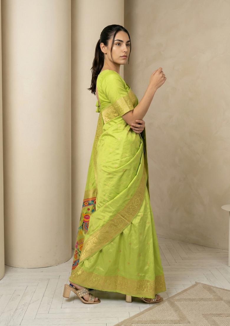 Pista Green Zari Work Silk Blend Saree Set - Indya