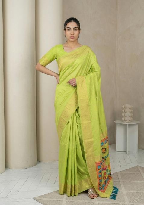Pista Green Zari Work Silk Blend Saree Set