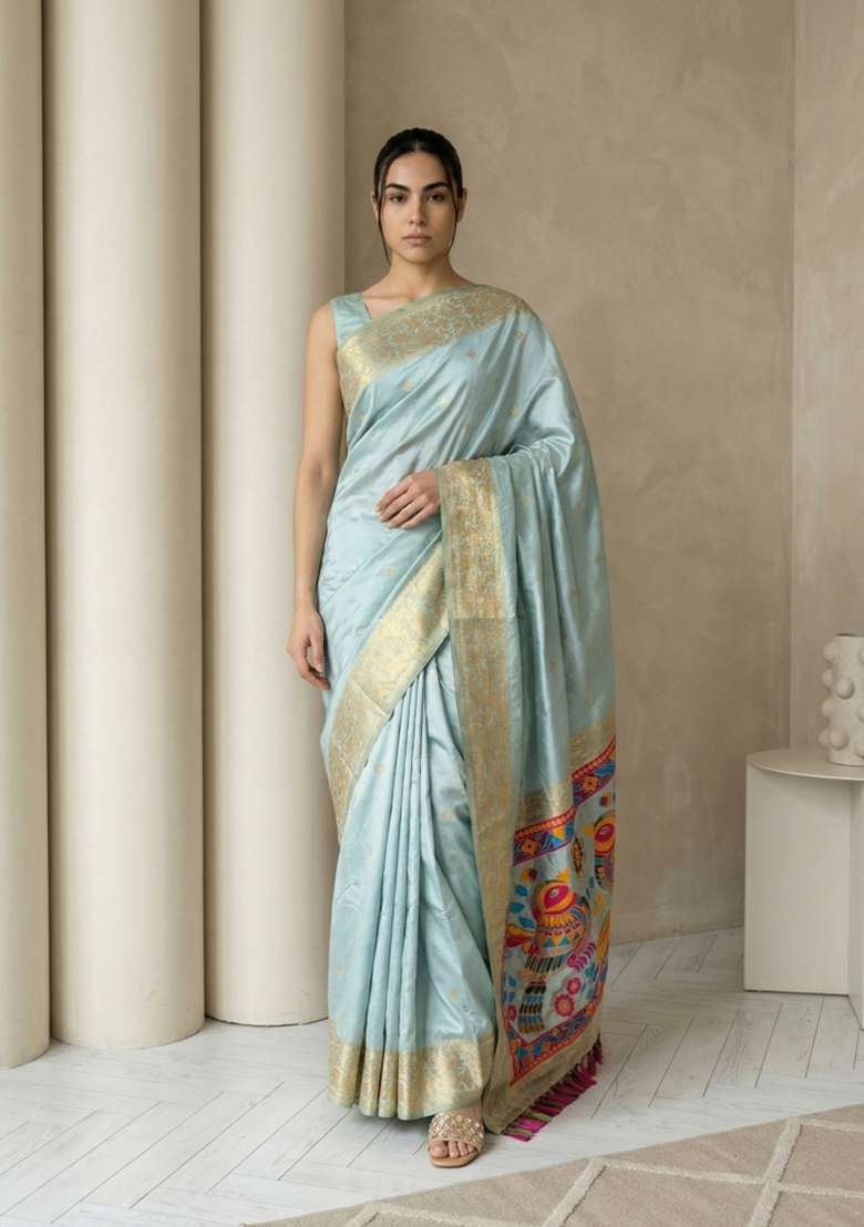 Sky Blue Zari Work Silk Blend Saree Set - Indya