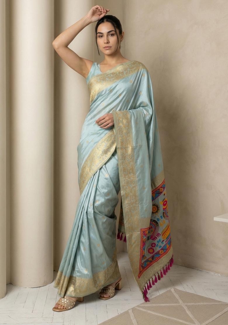 Sky Blue Zari Work Silk Blend Saree Set - Indya