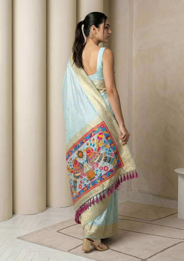Sky Blue Zari Work Silk Blend Saree Set - Indya