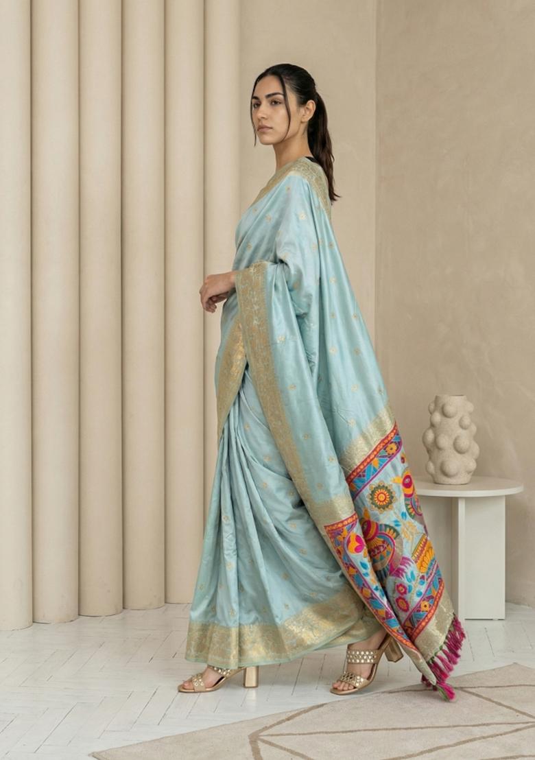 Sky Blue Zari Work Silk Blend Saree Set - Indya