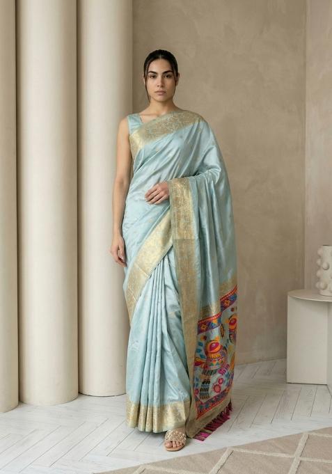 Sky Blue Zari Work Silk Blend Saree Set