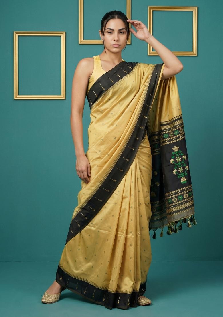 Black Zari Work Silk Blend Saree Set - Indya