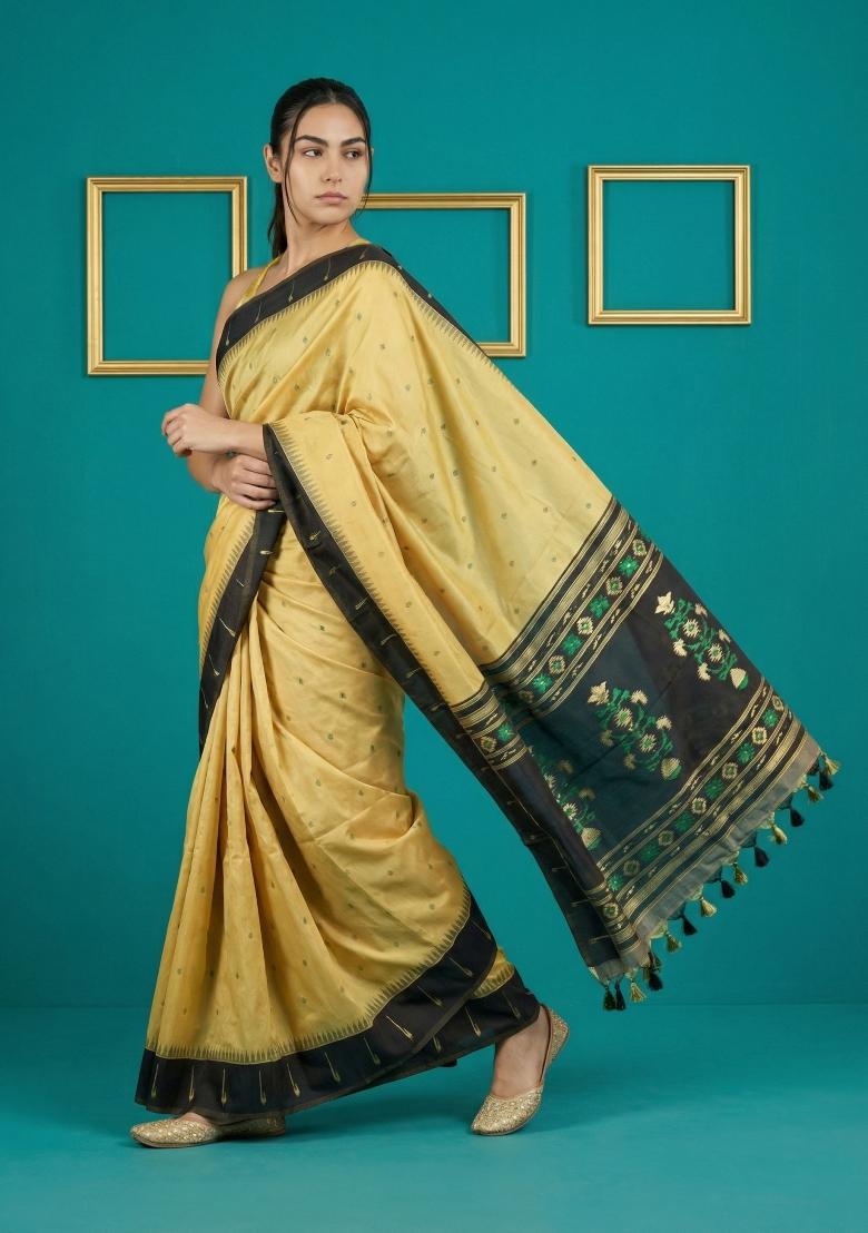 Black Zari Work Silk Blend Saree Set - Indya