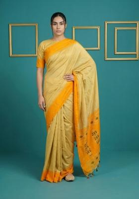 Orange Zari Work Silk Blend Saree Set