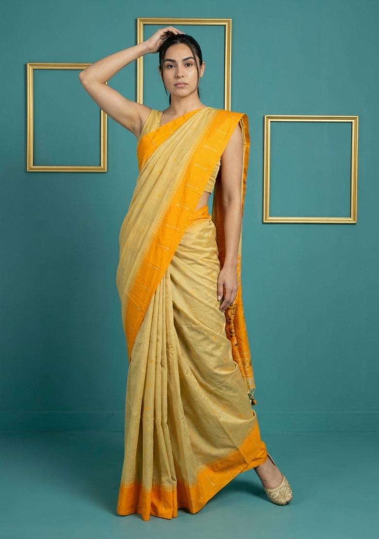 Orange Zari Work Silk Blend Saree Set - Indya