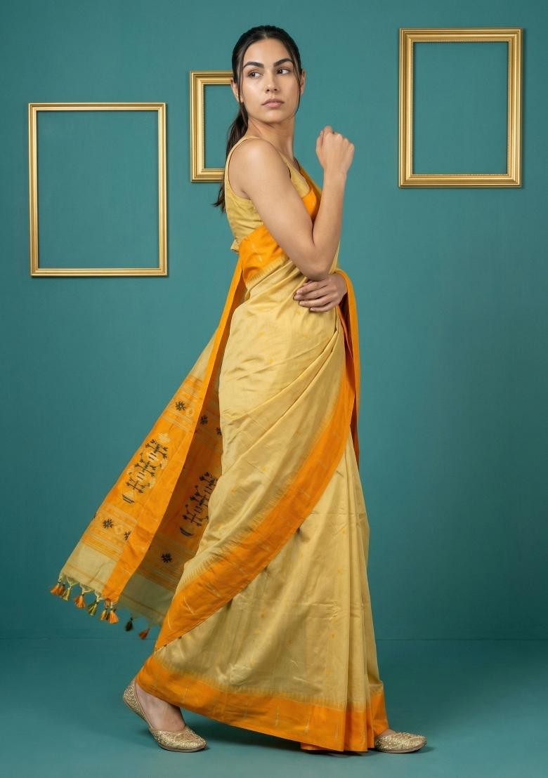 Orange Zari Work Silk Blend Saree Set - Indya