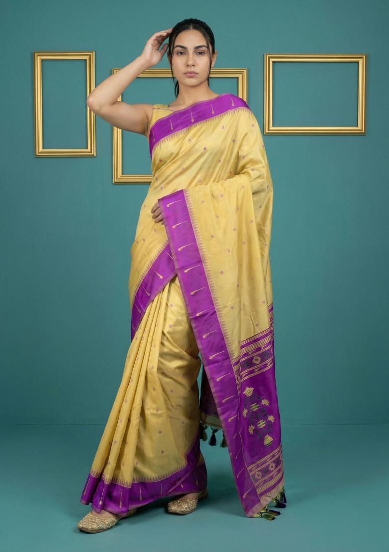 Purple Zari Work Silk Blend Saree Set - Indya