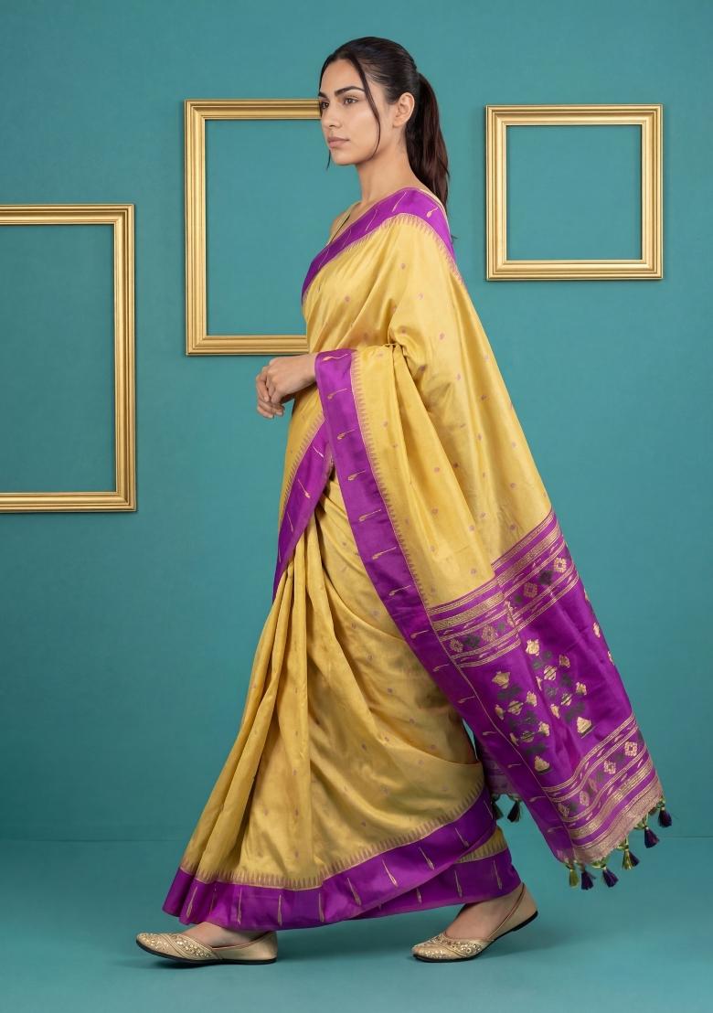 Purple Zari Work Silk Blend Saree Set - Indya