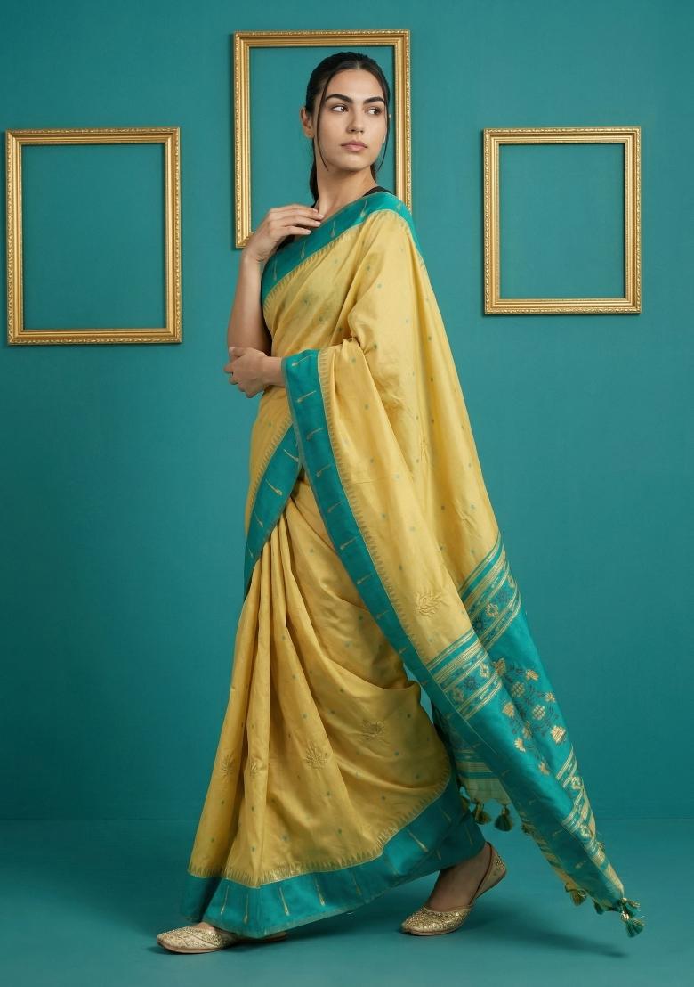 Rama Zari Work Silk Blend Saree Set - Indya