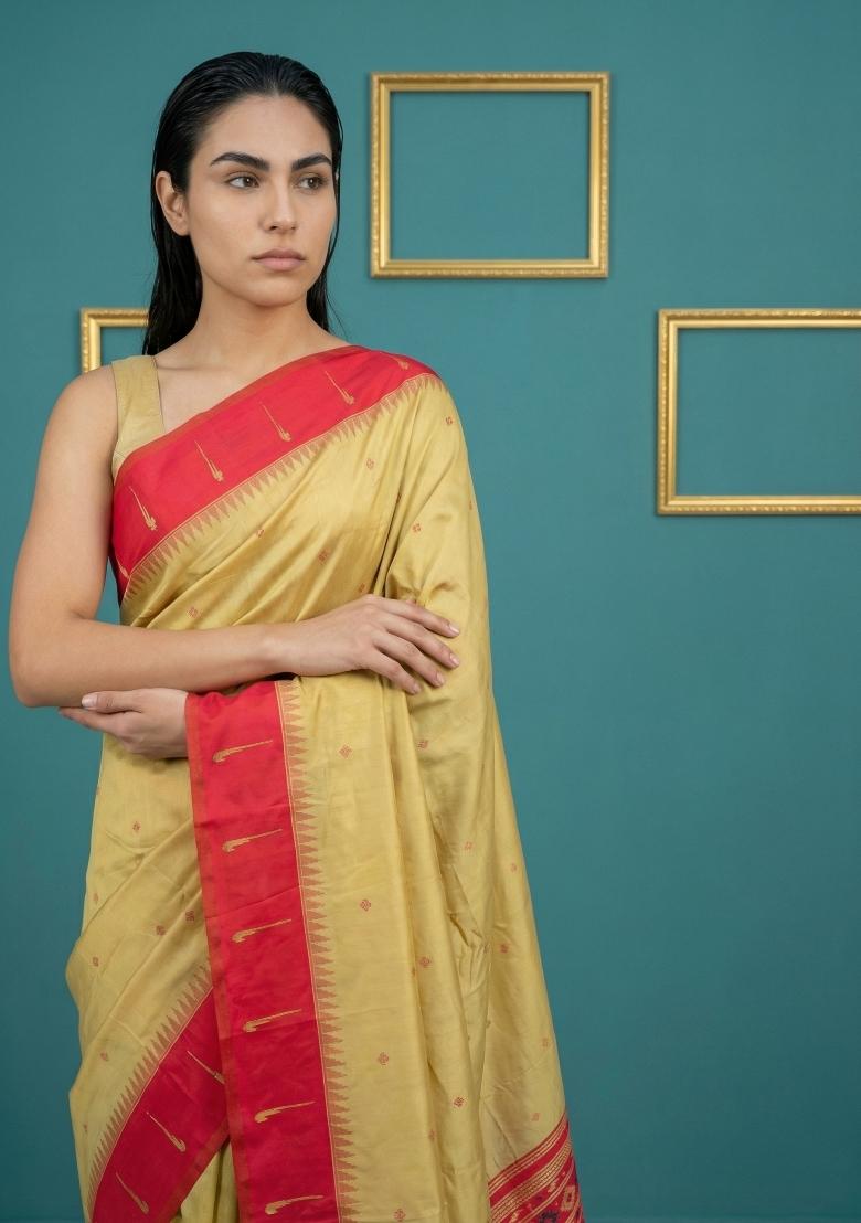 Red Zari Work Silk Blend Saree Set - Indya