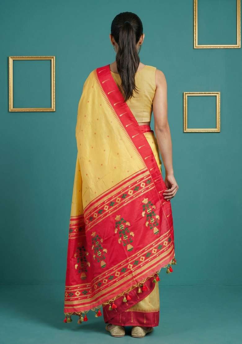 Red Zari Work Silk Blend Saree Set - Indya