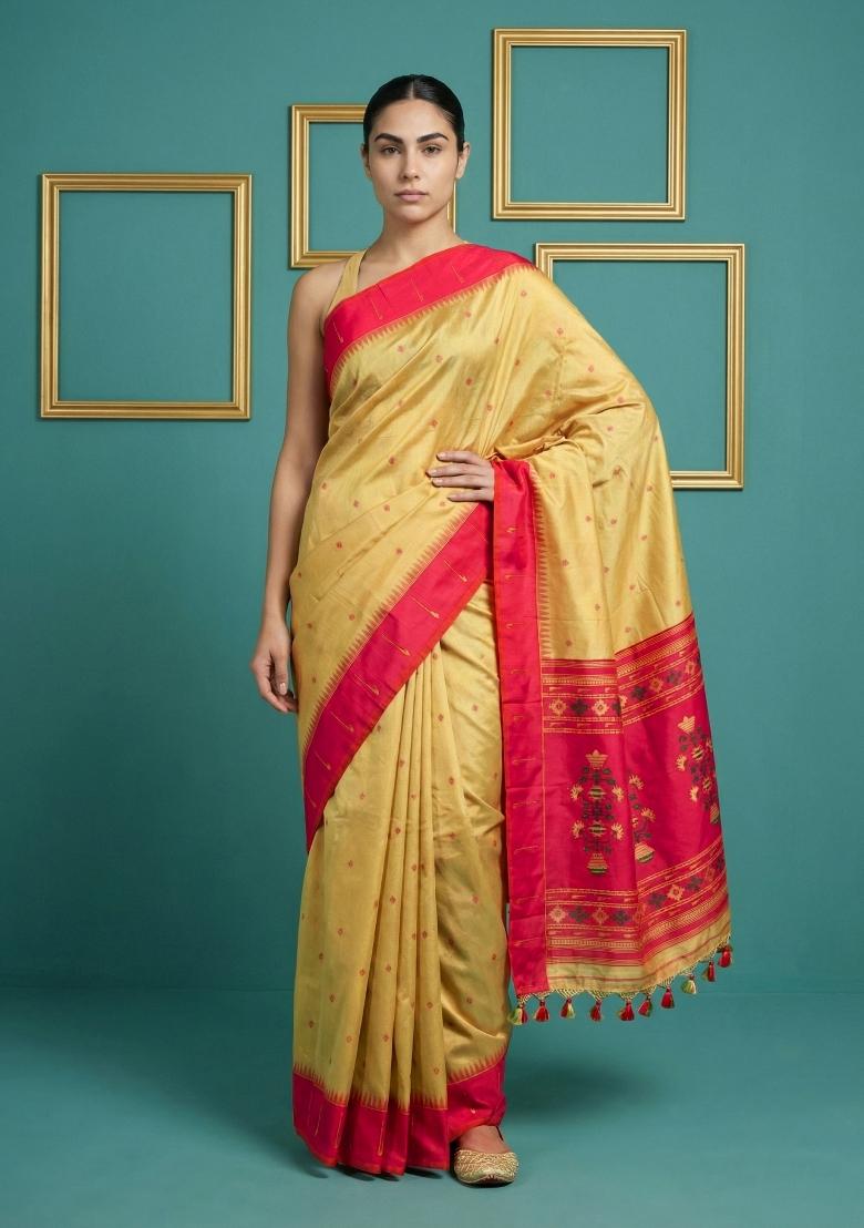 Red Zari Work Silk Blend Saree Set - Indya