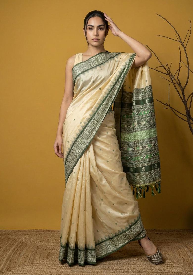 Bottle Green Zari Work Silk Blend Saree Set - Indya