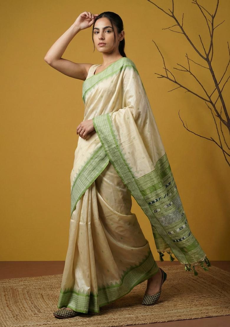 Pista Green Zari Work Silk Blend Saree Set - Indya