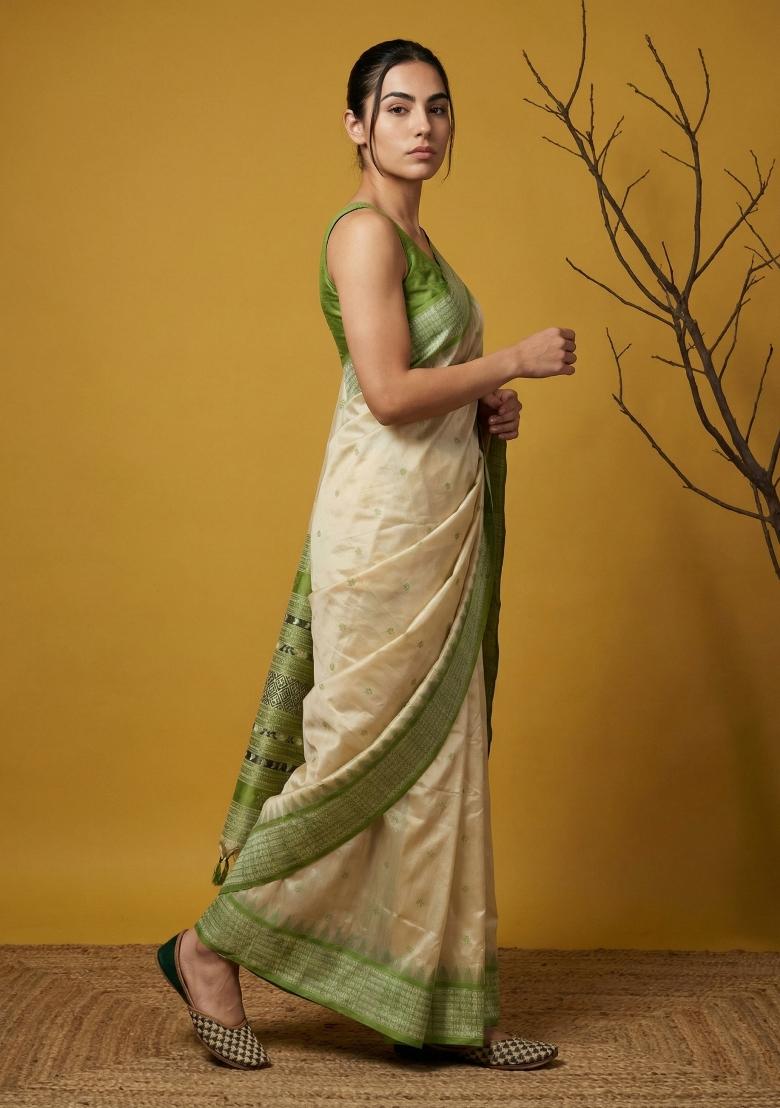 Pista Green Zari Work Silk Blend Saree Set - Indya