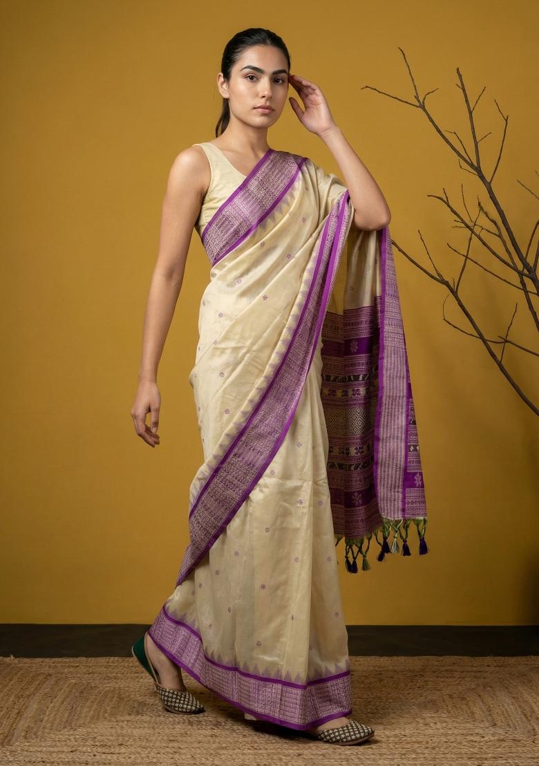Purple Zari Work Silk Blend Saree Set - Indya