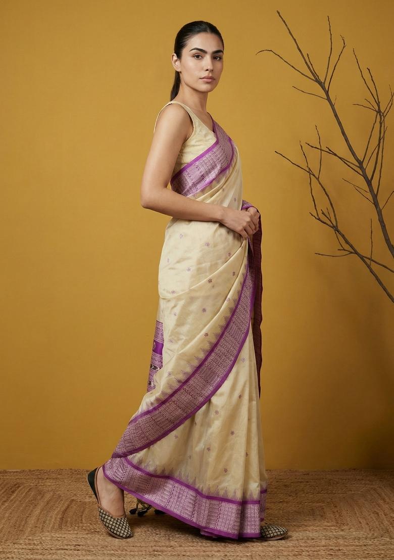 Purple Zari Work Silk Blend Saree Set - Indya